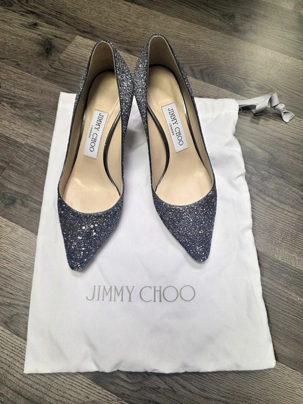 Jimmy Choo Romy Glitter Pumps Pointed-Toe Heels Black & Silver EU 36